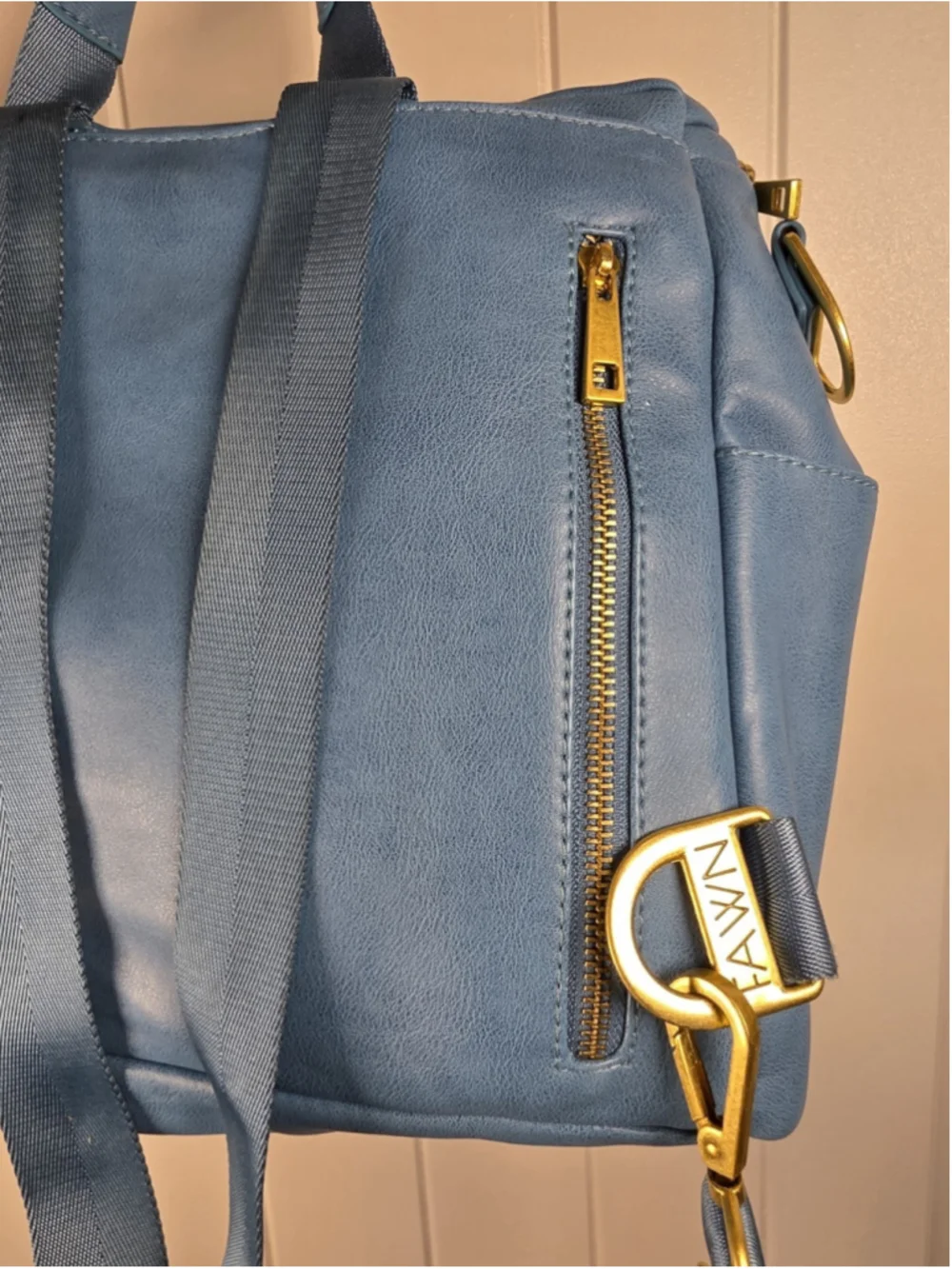Fawn Design Original Bluebell Diaper Bag Backpack Vegan Leather Blue Gold